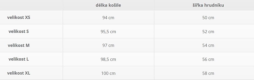 Těhotenská košile Born of Love tabulka velikostí